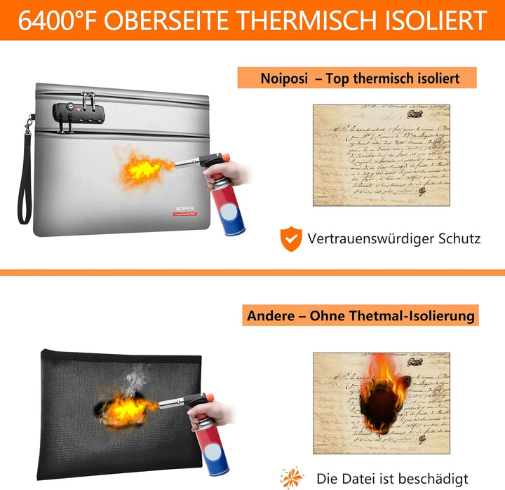Noiposi 6400℉ Feuerfeste Dokumententasche mit Schloss, 12-lagige Wärmedämmung | Doppeltem Reissversc
