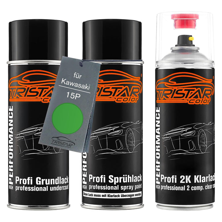 TRISTARcolor Motorradlack 2K Spraydosen Set für Kawasaki 15P Candy Line Green Metallic Grundlack Bas