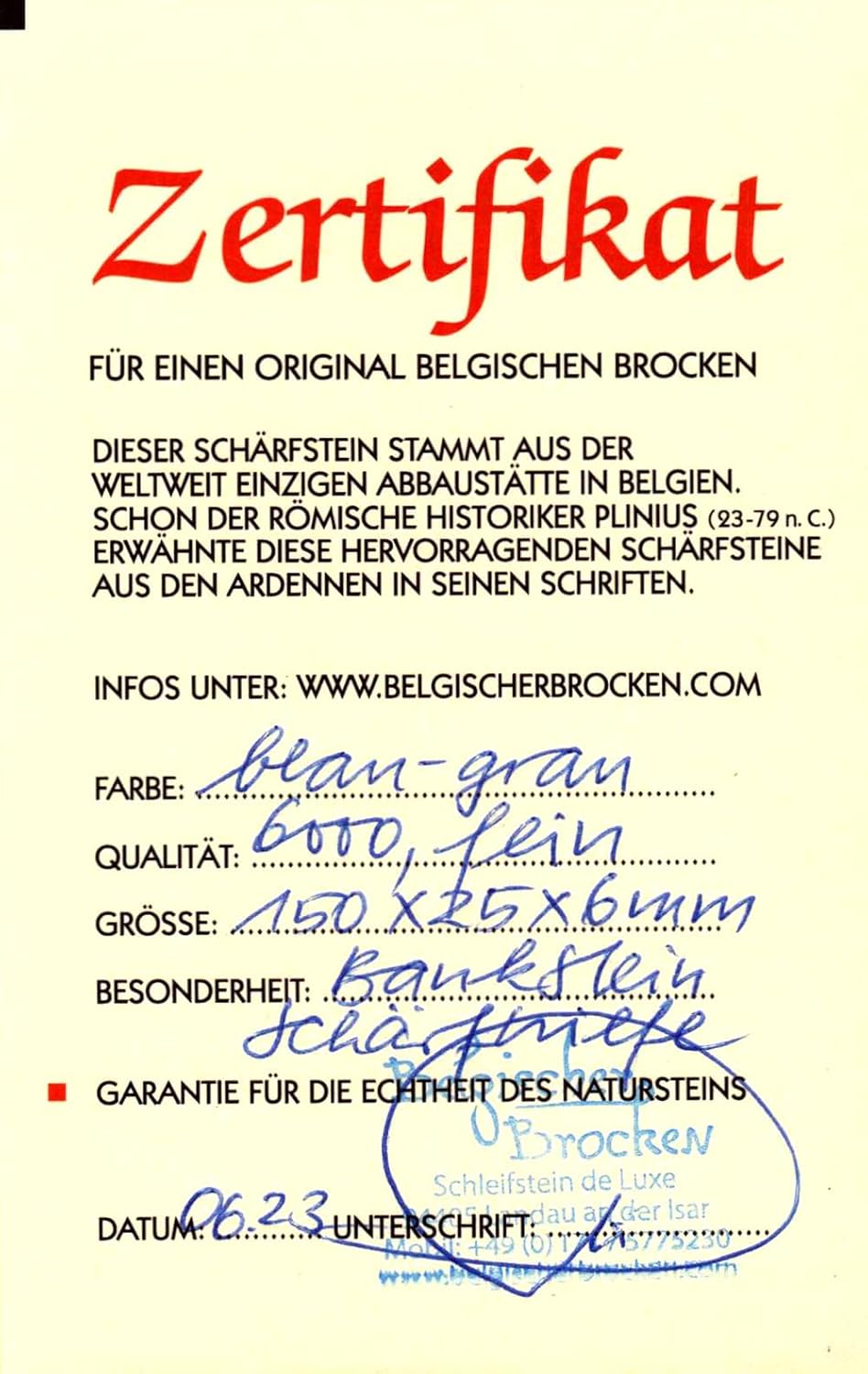 Schleifstein Blauer Belgischer Brocken 150x25x6 mm Körnung 6000 verklebt auf Aluminiumplatte