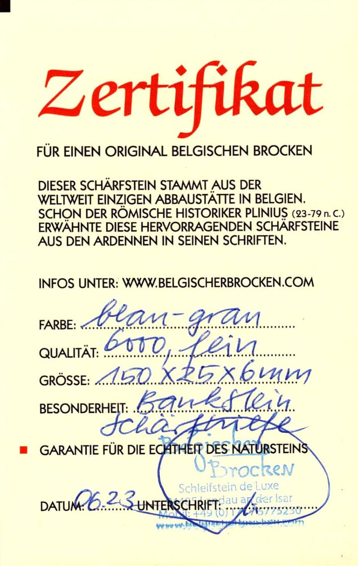 Schleifstein Blauer Belgischer Brocken 150x25x6 mm Körnung 6000 verklebt auf Aluminiumplatte