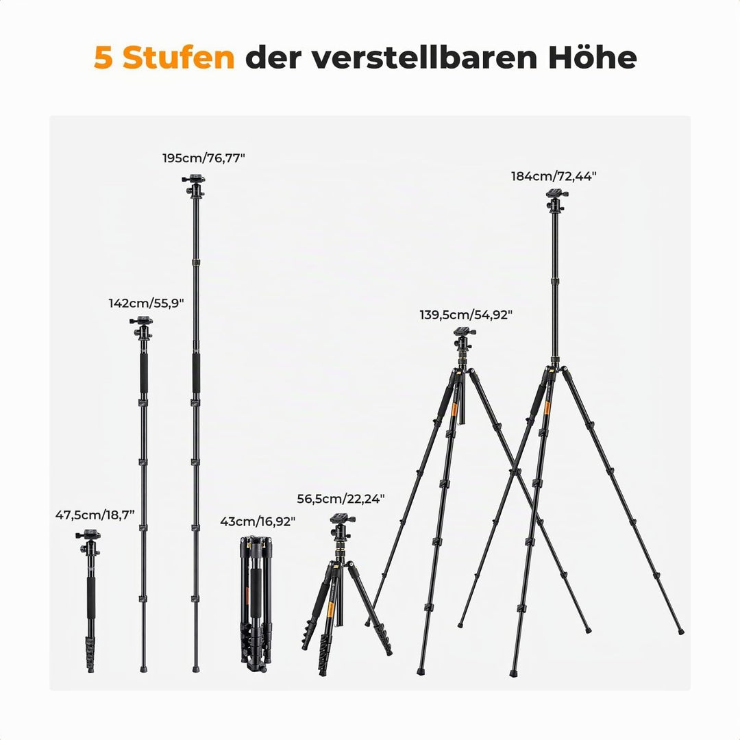 K&F Concept Kamera Stativ,184cm Handy Kamera Stativ, Leichtes Tripod mit Handyhalterung und Fernausl