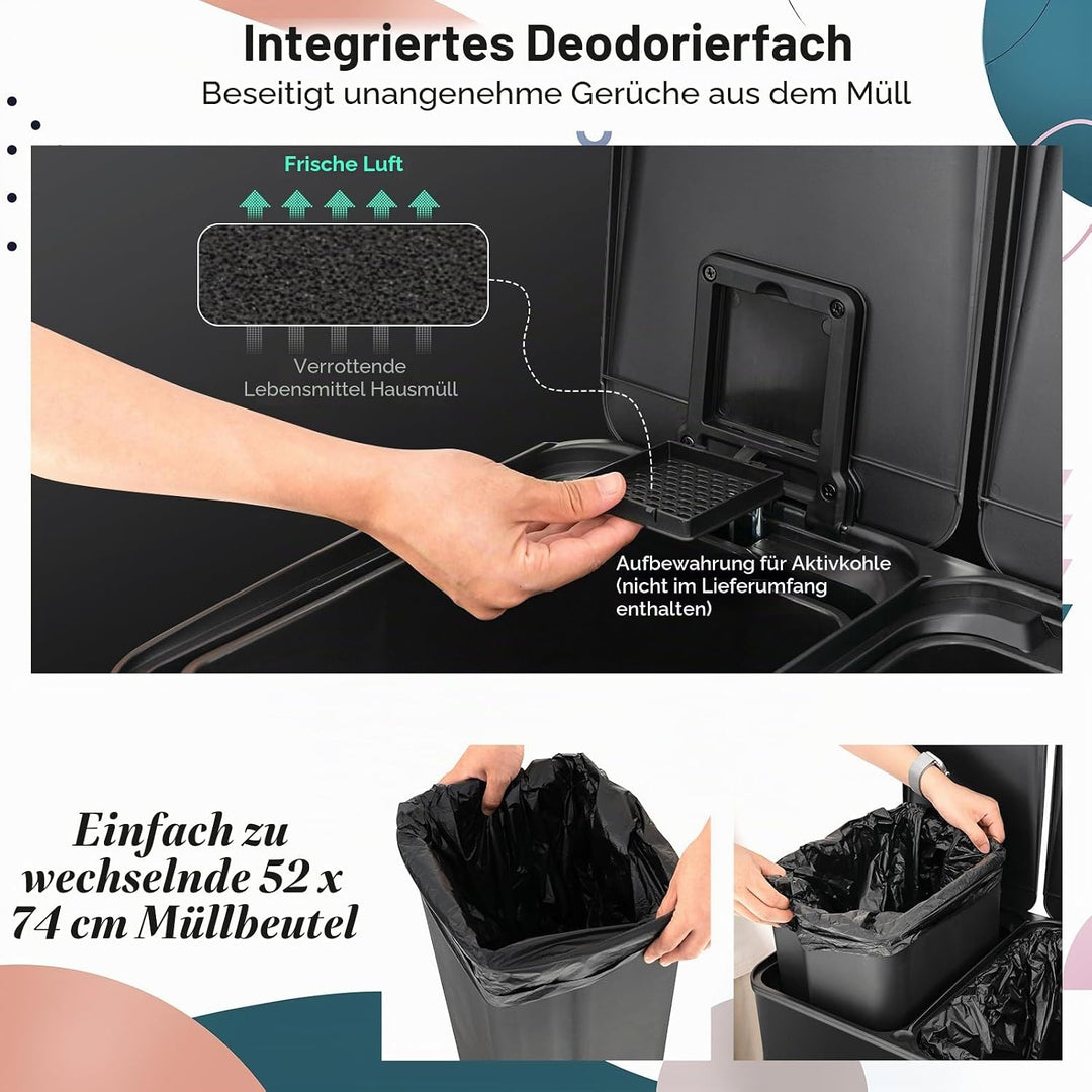 LIFEZEAL 60 L Mülleimer, Abfalleimer für Mülltrennung mit 2 Fächern, Müllsammler mit Deodorant, Deck