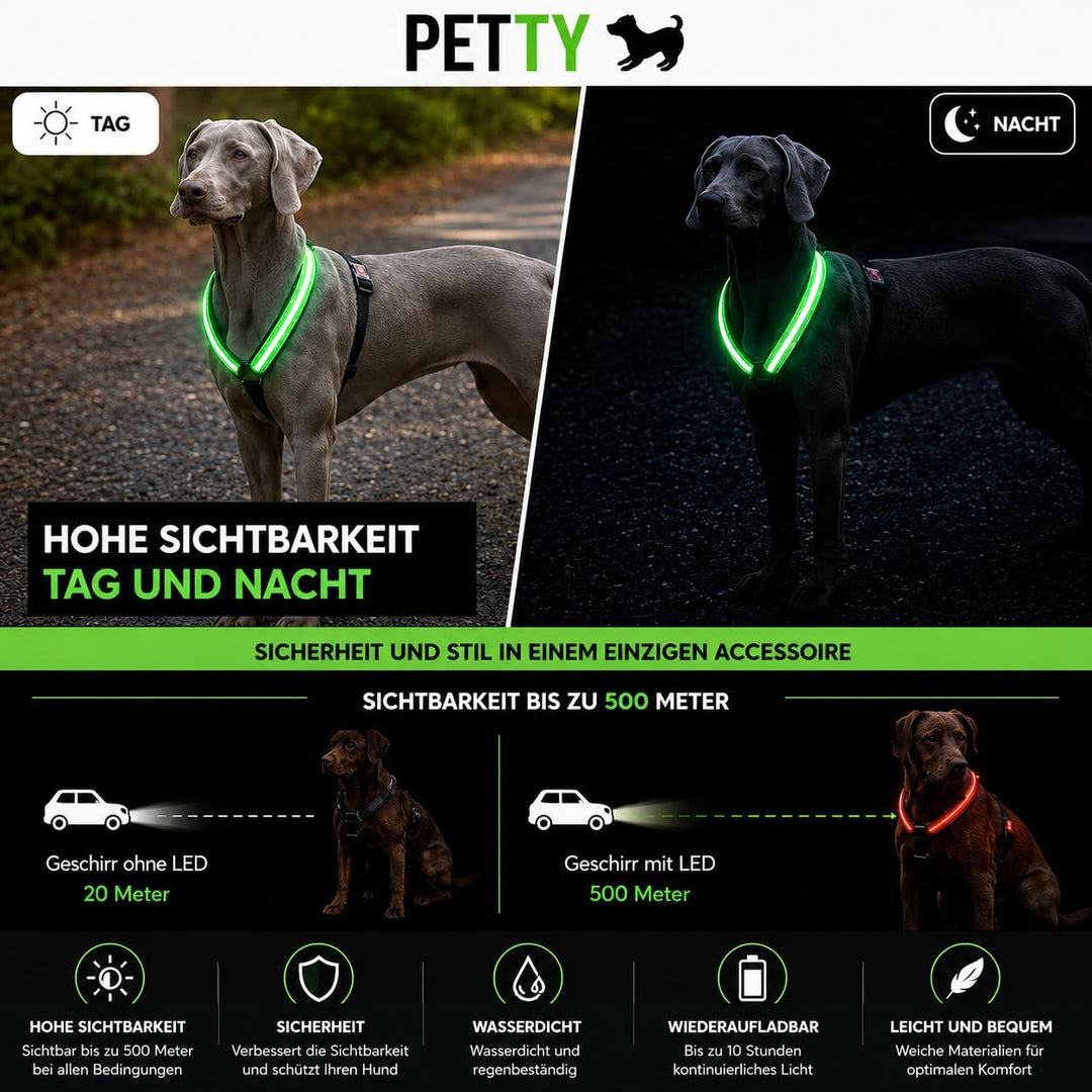 Petty Store -Leuchtharnisch für Hunde, wasserdicht, 3 Farben – Geschirr mit LED, USB-Aufladung bis z