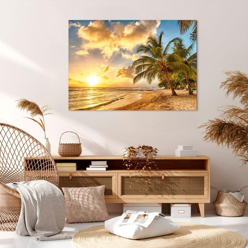 Bilder auf Leinwand 100x70cm Leinwandbild mit Rahmen Strand Meer Palme Gross Wanddeko Bild Schlafzim