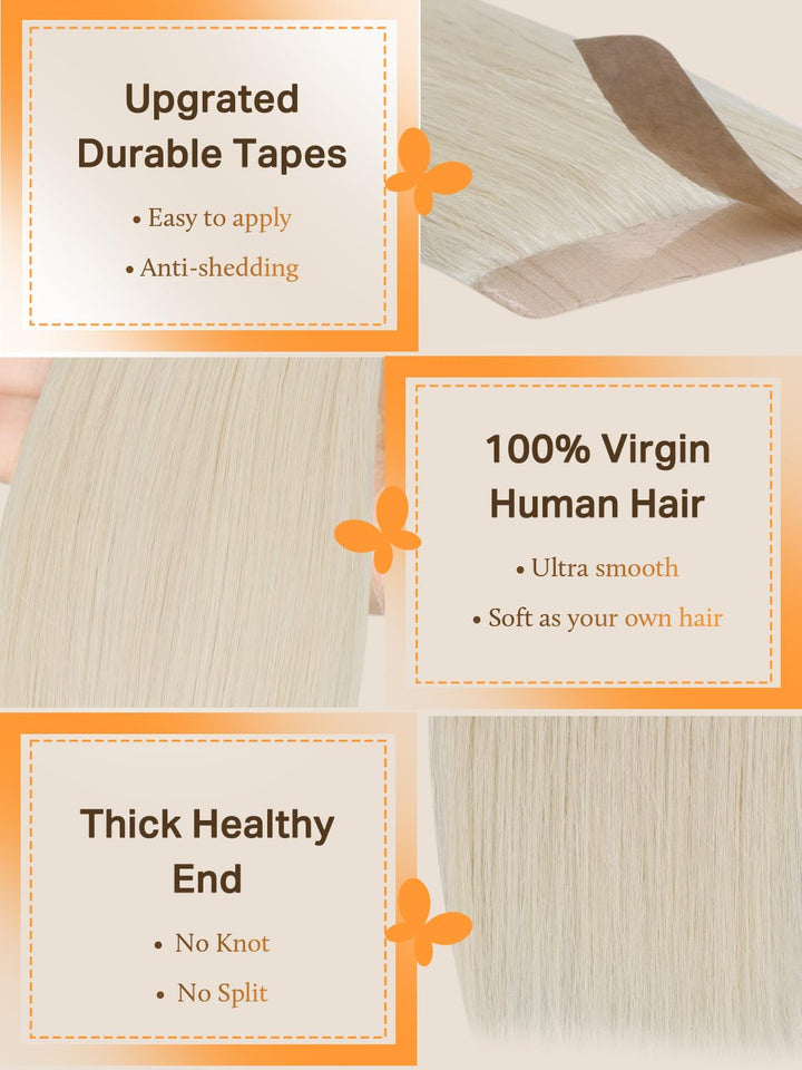 DOORES Echthaar Tape Extensions Remy Haar Tape, Platinblond 55cm (22zoll) 50g 20pcs, Blond Tape Exte