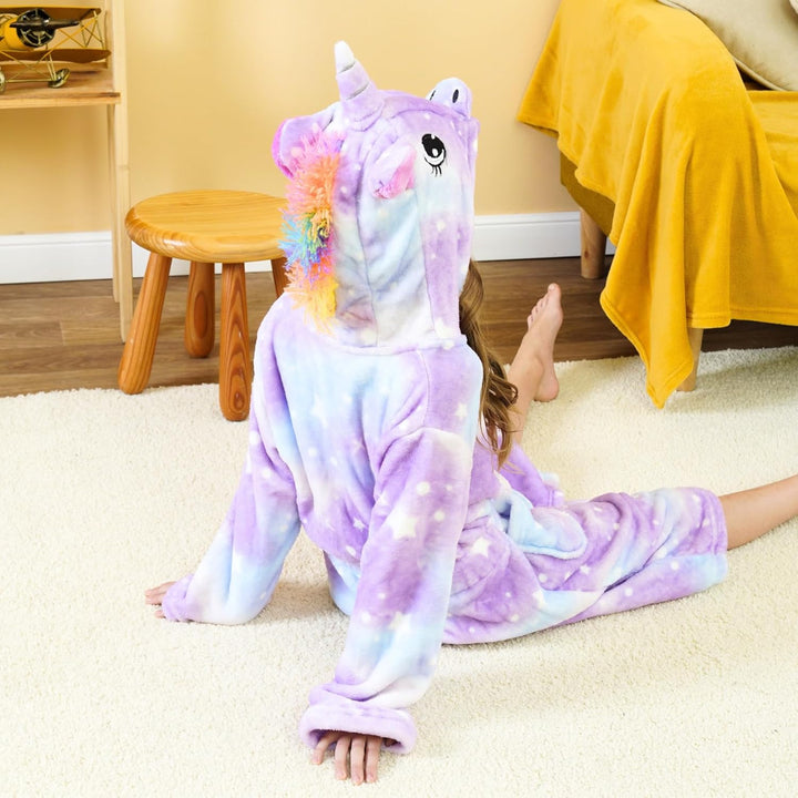 Ceruwum Einhorn Bademantel für Mädchen Weich Fleece Morgenmäntel mit Kapuze, Lila Sterne