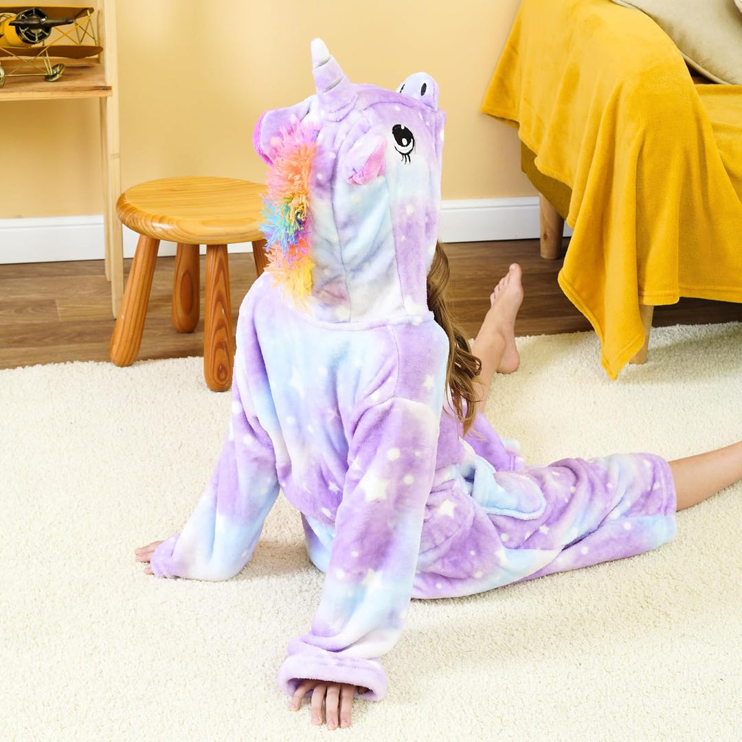 Ceruwum Einhorn Bademantel für Mädchen Weich Fleece Morgenmäntel mit Kapuze 4-5 Jahre Lila Sterne, 4