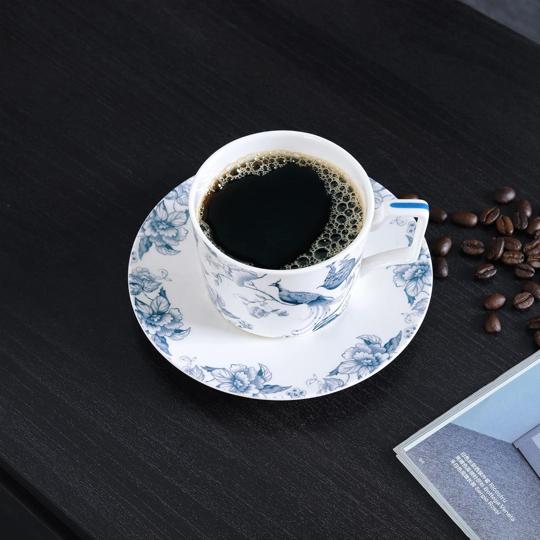 fanquare 250ml Bone China Teetasse und Untertasse Set für 1, Blaue und Weisse Kaffeetasse mit Teller