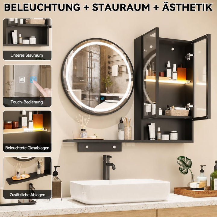 YOURLITE Badspiegel mit Beleuchtung und Ablage 50Rund,Beschlagfrei,Schrank Schwarz+schrank, Schwarz+