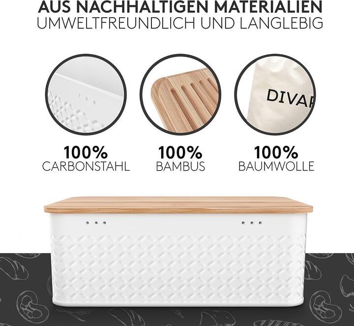 DIVARØ Brotkasten – Brotbox mit Bambusdeckel [2in1 Funktion] – Aus Karbonstahl für lange Frische – N