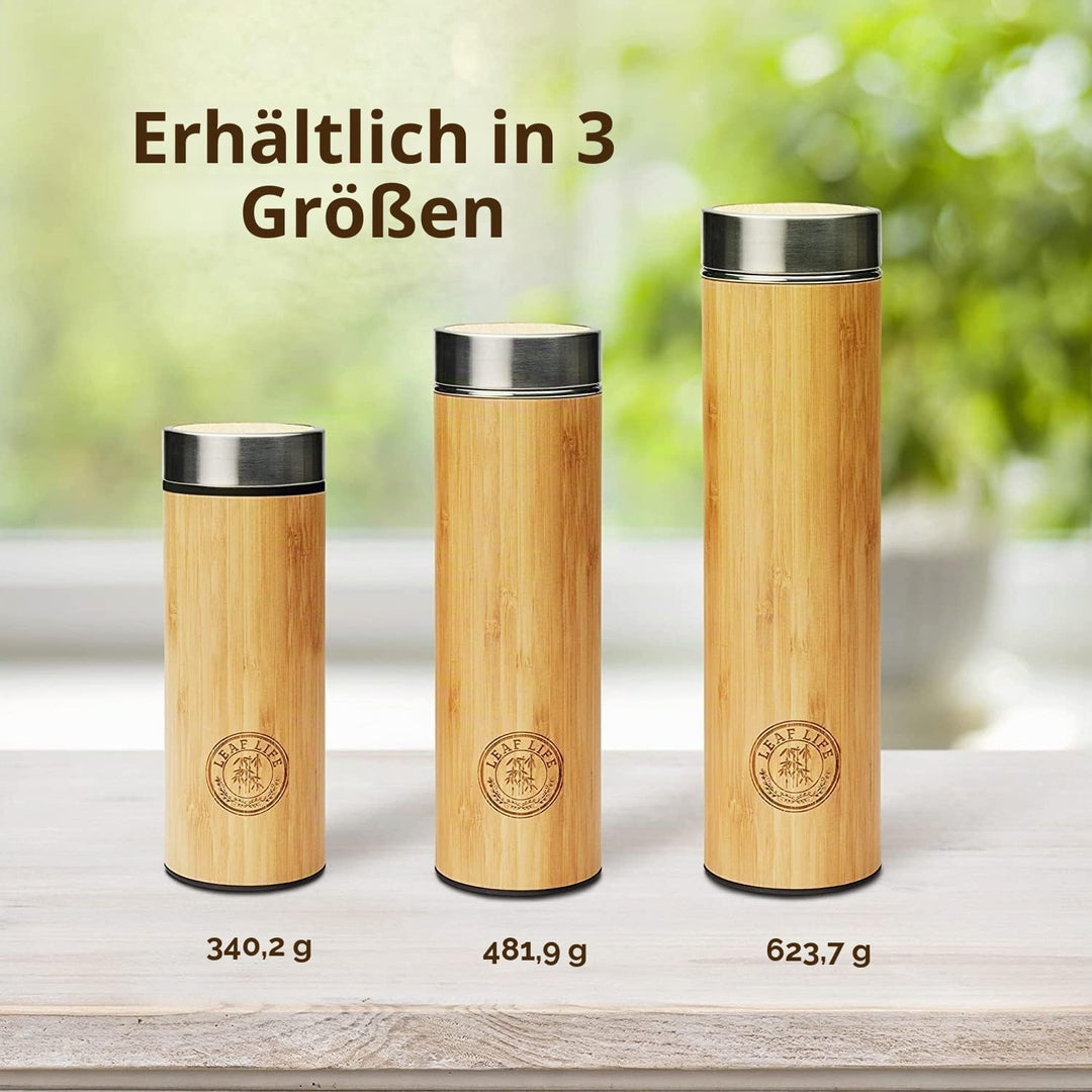 LeafLife Teeflasche mit Sieb to Go - 500ml Tea infuser aus Bambus - Teeflasche to go für Teeblätter