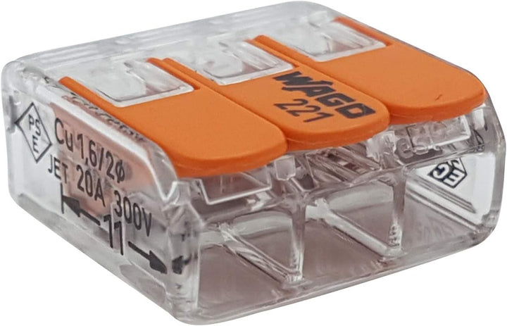 WAGO Plug-in terminal 3-way with lever for rigid (0.2-4 mm²) and flexible (0.14-4 mm²) wires to open