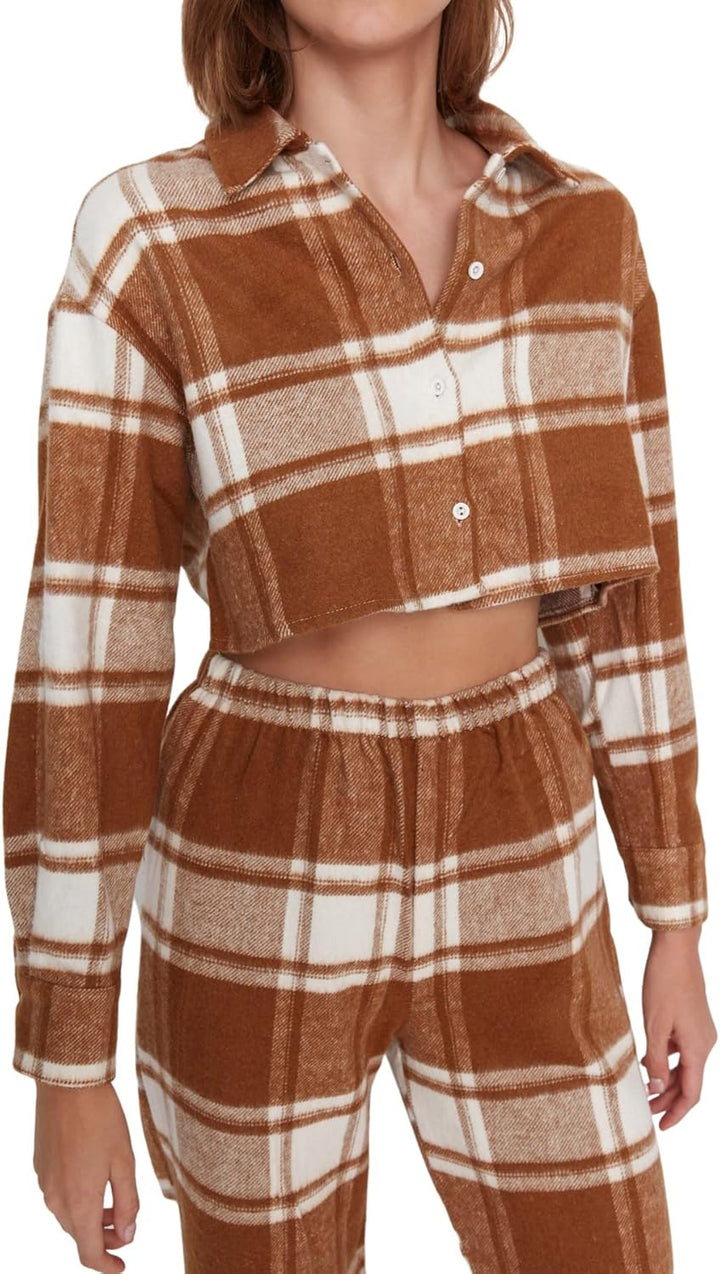 TRENDYOL Damen Kariert Mitte Webstoff Hemd-Hose Pyjama Pajama Set (2er Pack) 38 Cinnamon, 38 Cinnamo