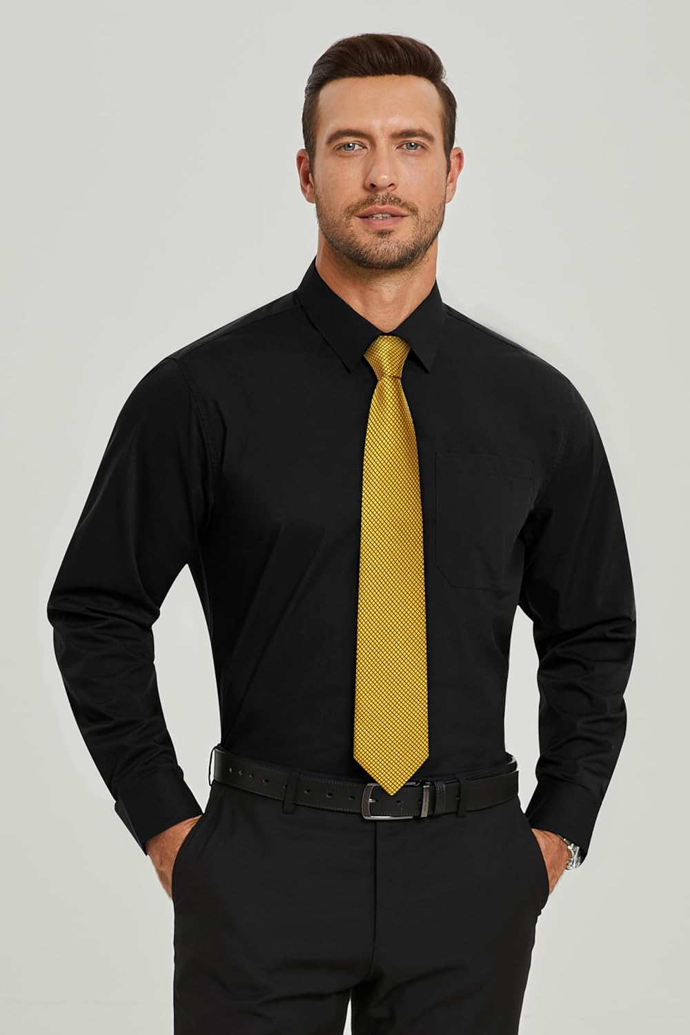 HISDERN Herren Hemd Langarm Einfarbige Hemden mit Krawatte und Taschentuch Formelle Businesshemd Hoc
