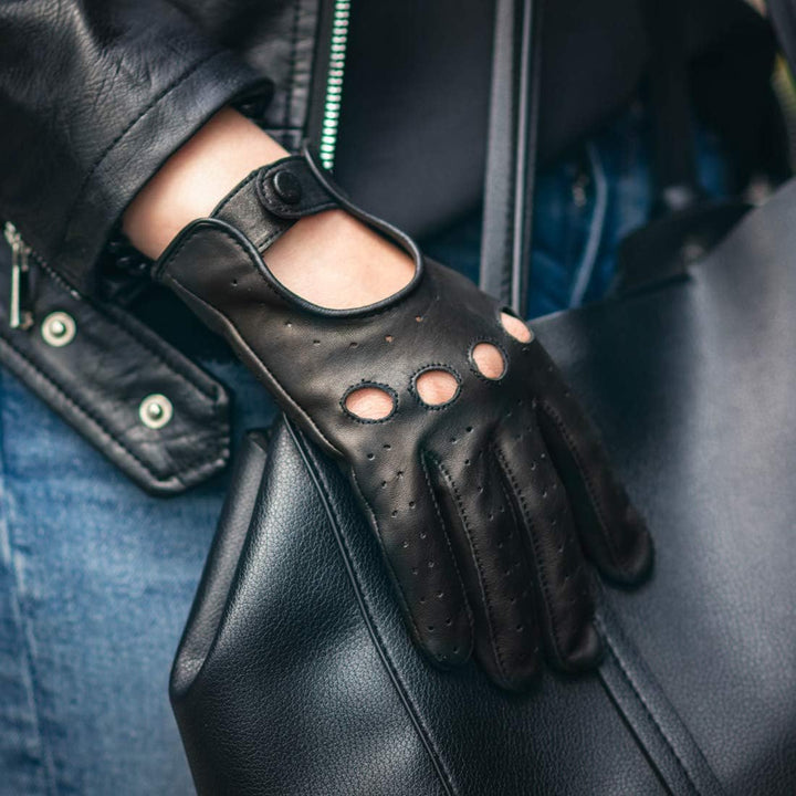 Harssidanzar Damen Sommer Leder Fahrhandschuhe Lammfell Fahrhandschuhe GL009EUA Schwarz(Touchscreen)