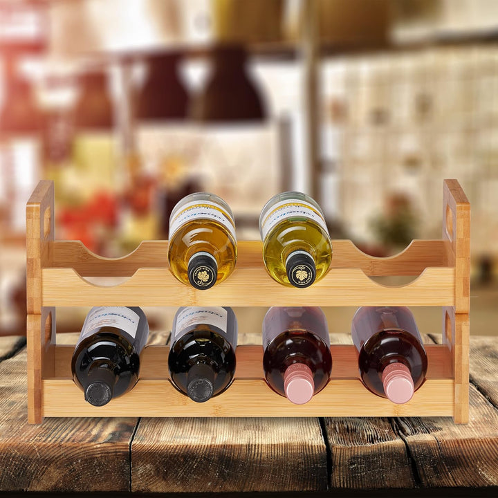 Relaxdays Weinregal, platzsparende Weinablage für 8 Flaschen, quer, Flaschenregal aus Bambus, HBT 24