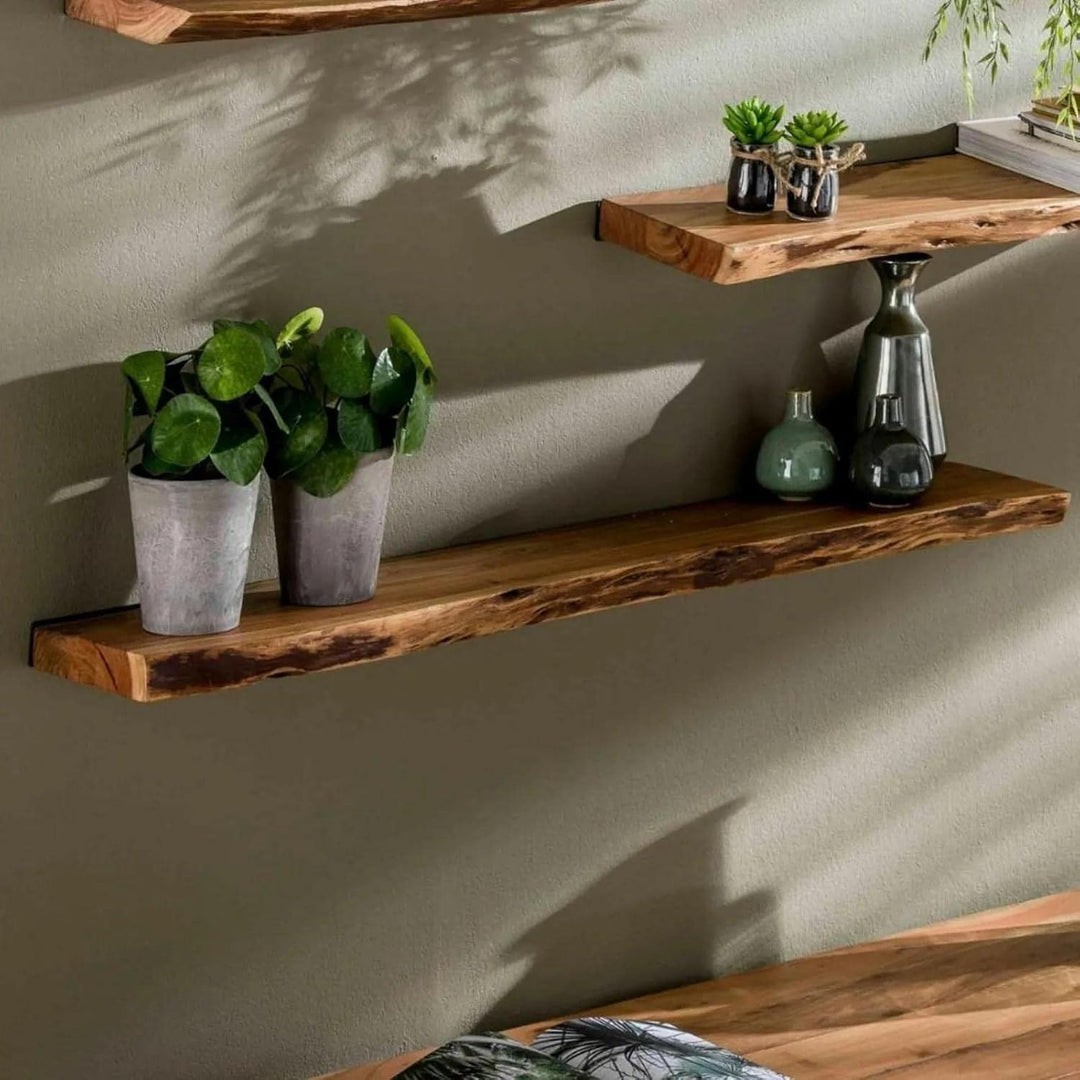 RINGO-Living Massivholz Schweberegal Baumkante in Natur-dunkel, Holzregal 120 cm breit, Landhaus Wan