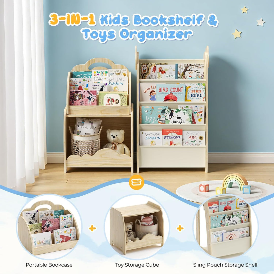 3-in-1 Kinderregal, Holz Kinder Bücherregal mit Spielzeugregal &amp; Hängetasche &amp; Offenem Fach, Tragbar