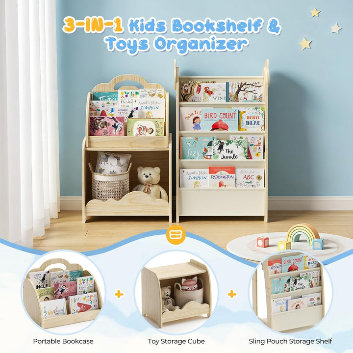 3-in-1 Kinderregal, Holz Kinder Bücherregal mit Spielzeugregal &amp; Hängetasche &amp; Offenem Fach, Tragbar
