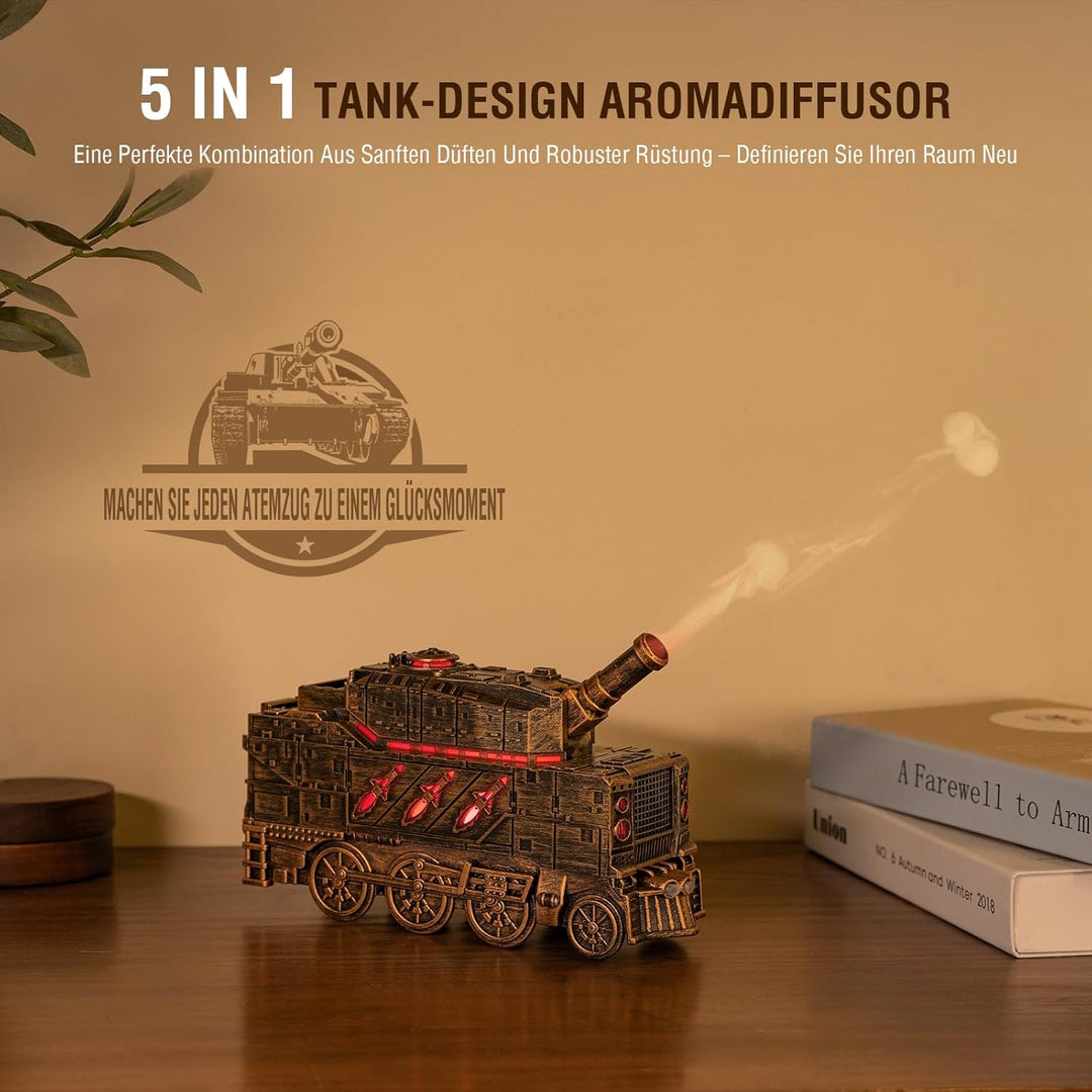 Aroma Diffusor für Ätherische Öle - Tank Diffuser mit Kanonen Styling, Farbigen LED Flammeneffekt, F