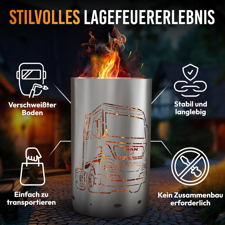 TiKo-Design® Feuertonne Man Truck Motiv – Feuerkorb aus Stahl mit LKW-Design – Handgefertigte Garten