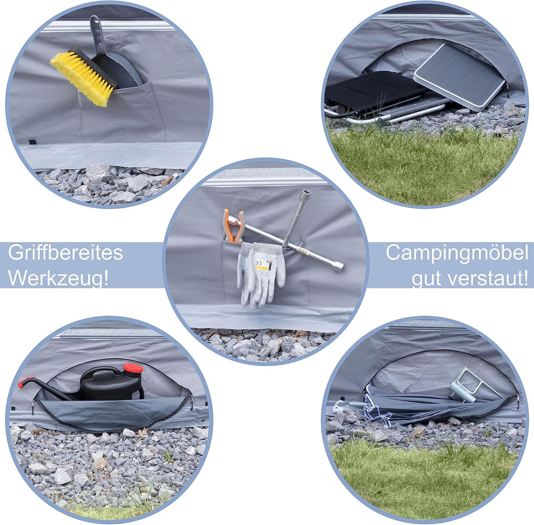 Bodenschürze Wohnwagenschürze 600x50 cm - Grau - mit 2 grossen Aufbewahrungstaschen 95x85x30cm - Win