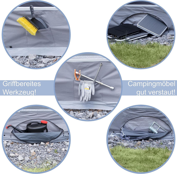 Bodenschürze Wohnwagenschürze 600x50 cm - Grau - mit 2 grossen Aufbewahrungstaschen 95x85x30cm - Win