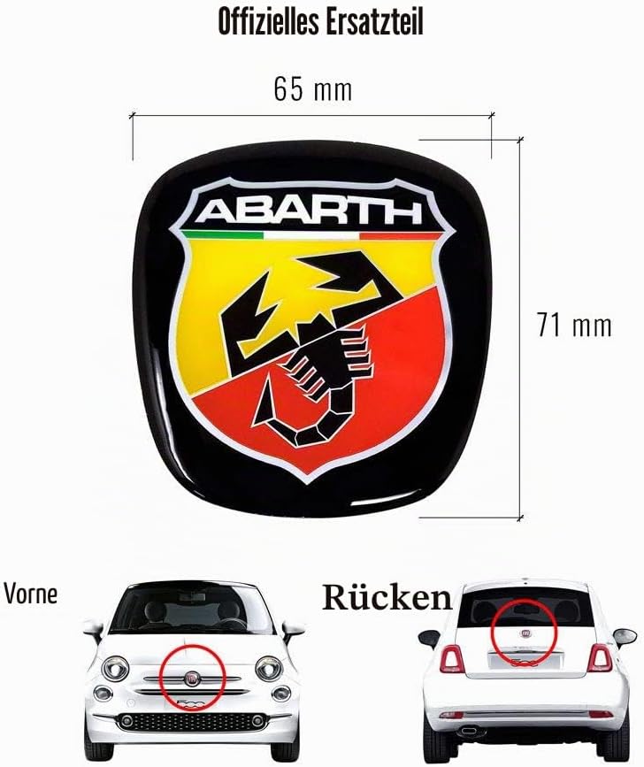 Abarth 32010 3D-Aufkleber, Logo vorne + hinten, offizielles Wappen für Fiat 500