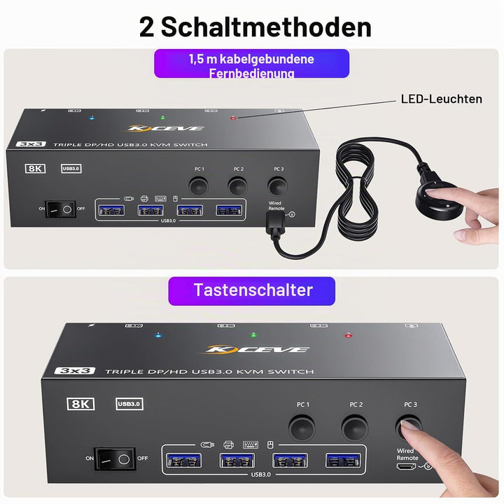 KVM Switch 3 PC 3 Monitore 8K@60Hz, 4K@144Hz, USB 3.0 KVM Switch Triple Monitor 2 Displayport 1.4 +