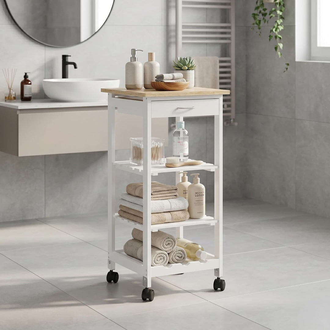 [en.casa] Servierwagen Biel Weiss/Holzfarben 76 x 37 x 37 cm Küchenwagen mit Schublade und 3 Ablagen