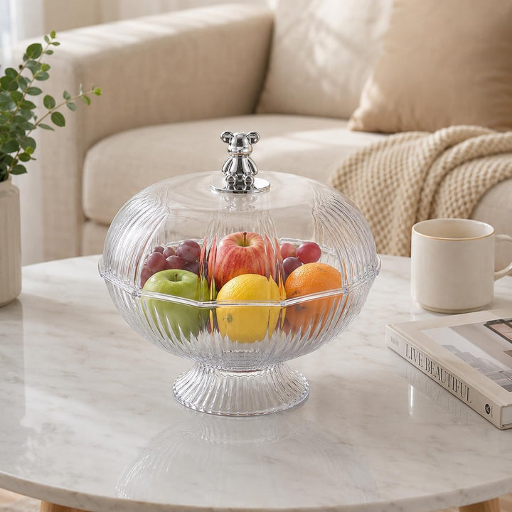 Obstschale mit Deckel aus PET, Obstkorb transparent mit Bären-Griff Weiss2, Weiss2