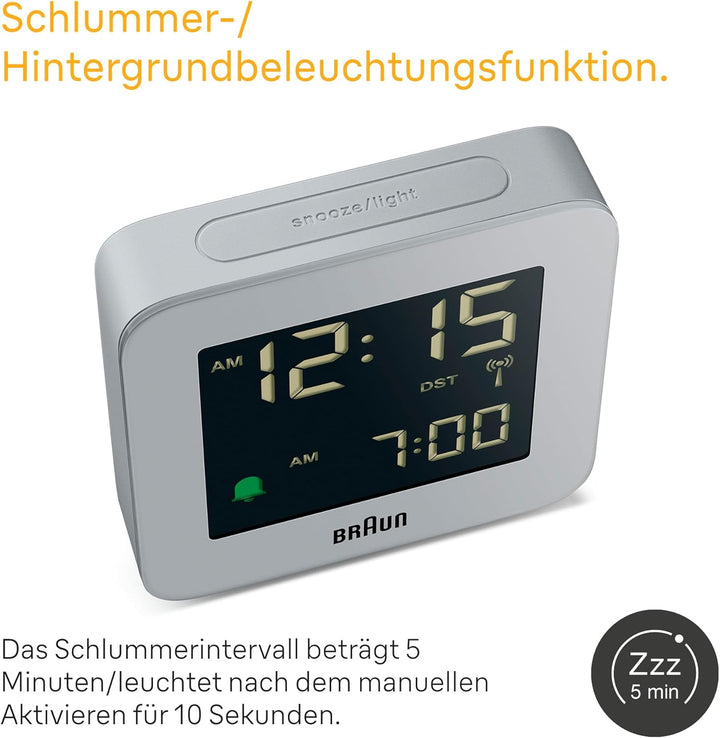Braun Digitaler Funkwecker für die mitteleuropäische Zeitzone (DCF) mit Schlummerfunktion, LCD-Displ
