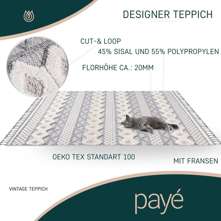 payé Teppich Wohnzimmer - Geometrische Muster - 80x150cm Grau Blau - Fransen Deko Boho Flauschig - C