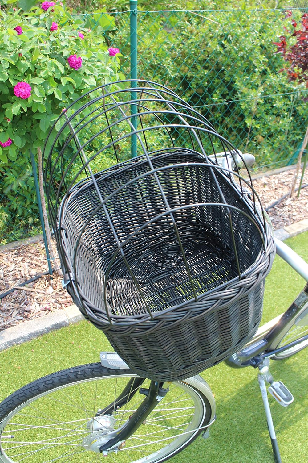 Hundefahrradkorb für Fahrradlenker aus Weide mit Metallgitter und Kissen in Schwarz Lenkrad Weidenko