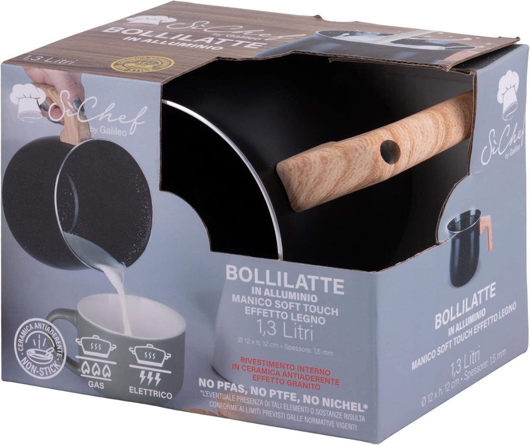 SìChef Milchtopf Aluminium 1,3 l Keramik Innenbeschichtung Griff Holzoptik