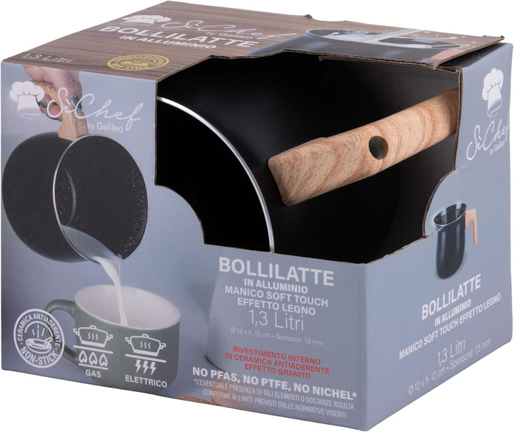 SìChef Milchtopf Aluminium 1,3 l Keramik Innenbeschichtung Griff Holzoptik