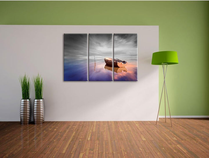 Pixxprint Einsames Boot auf See als Leinwandbild/Grösse: 3 Teilig (120x80) cm/Wandbild/Kunstdruck/fe