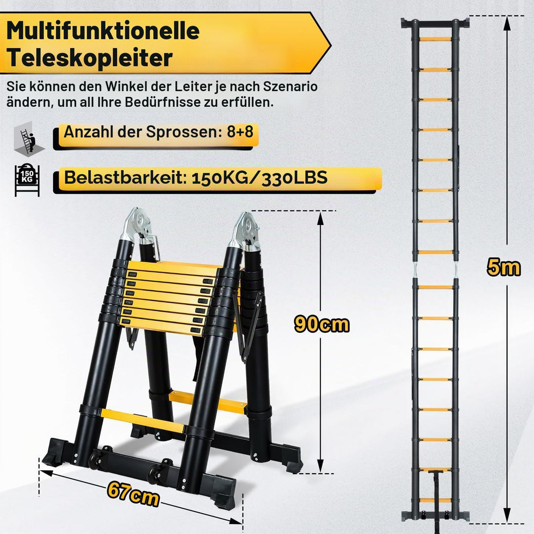 Fiqops 5M (2.5+2.5) Teleskopleiter Klappleiter Alu Multifunktionsleiter mit Abnehmbarem doppelten Um