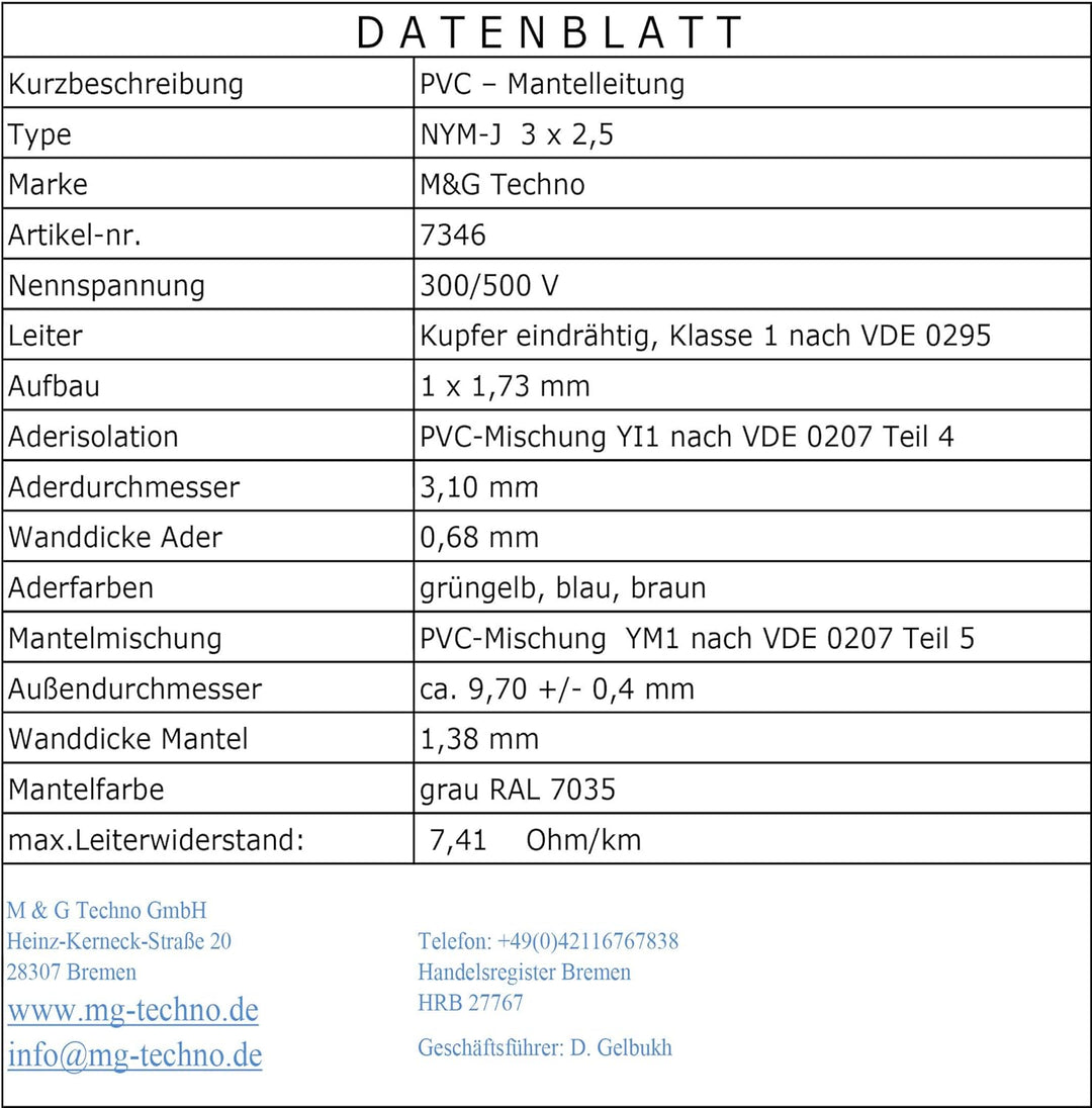 M&G Techno Mantelleitung Elektro Strom Kabel Kupfer eindrähtig Made in Germany, 7346, Grau, NYM-J 3