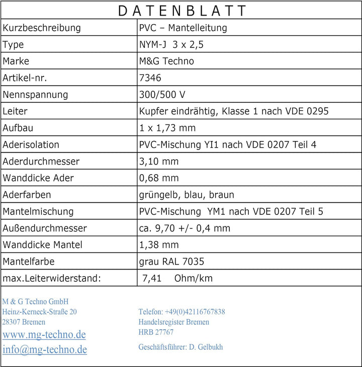 M&G Techno Mantelleitung Elektro Strom Kabel Kupfer eindrähtig Made in Germany, 7346, Grau, NYM-J 3