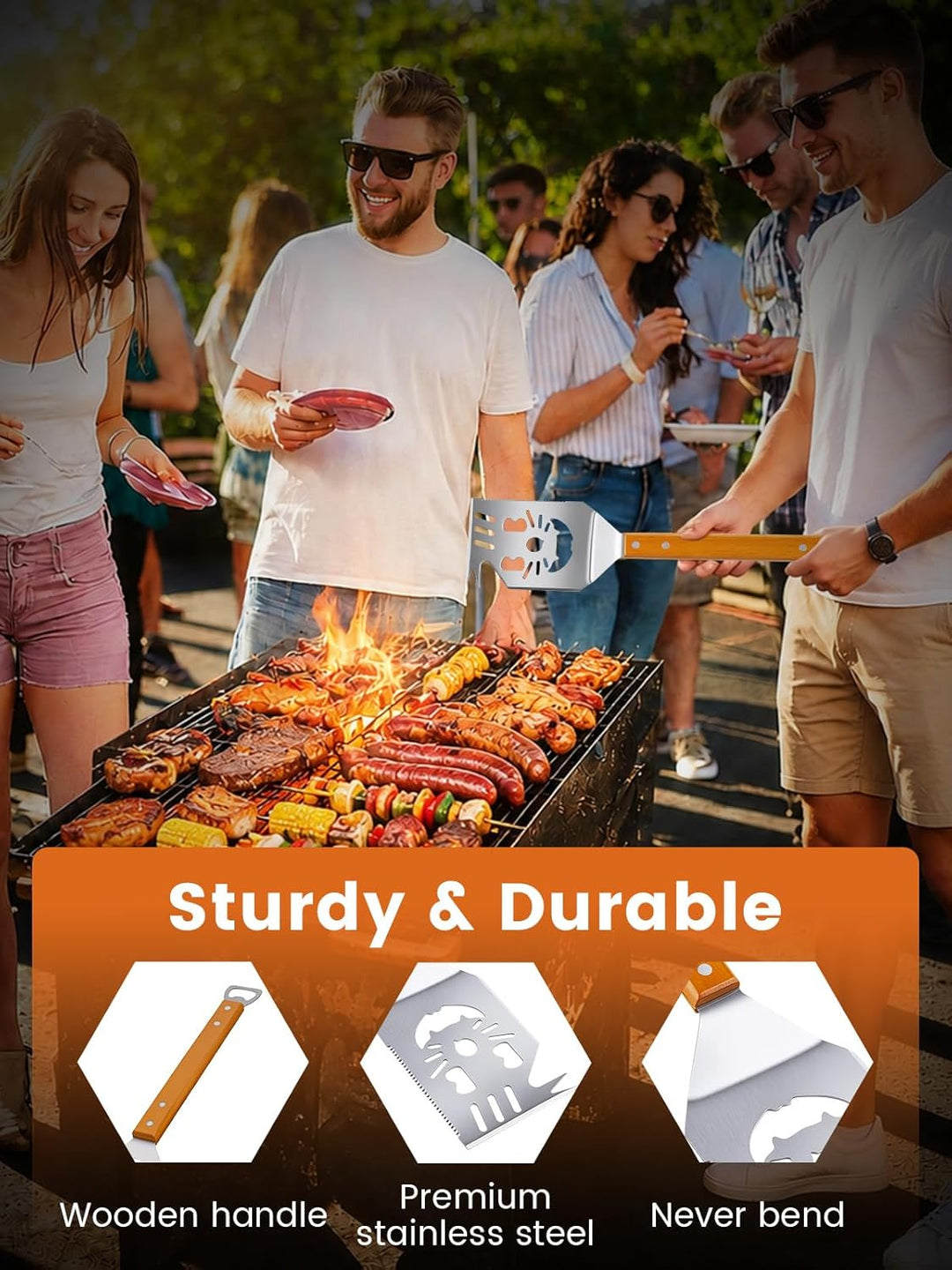 Landrip Grillspachtel für Barbecue, 8 in 1 Grillbesteck mit Holzgriff, Edelstahl，Multifunktionales G