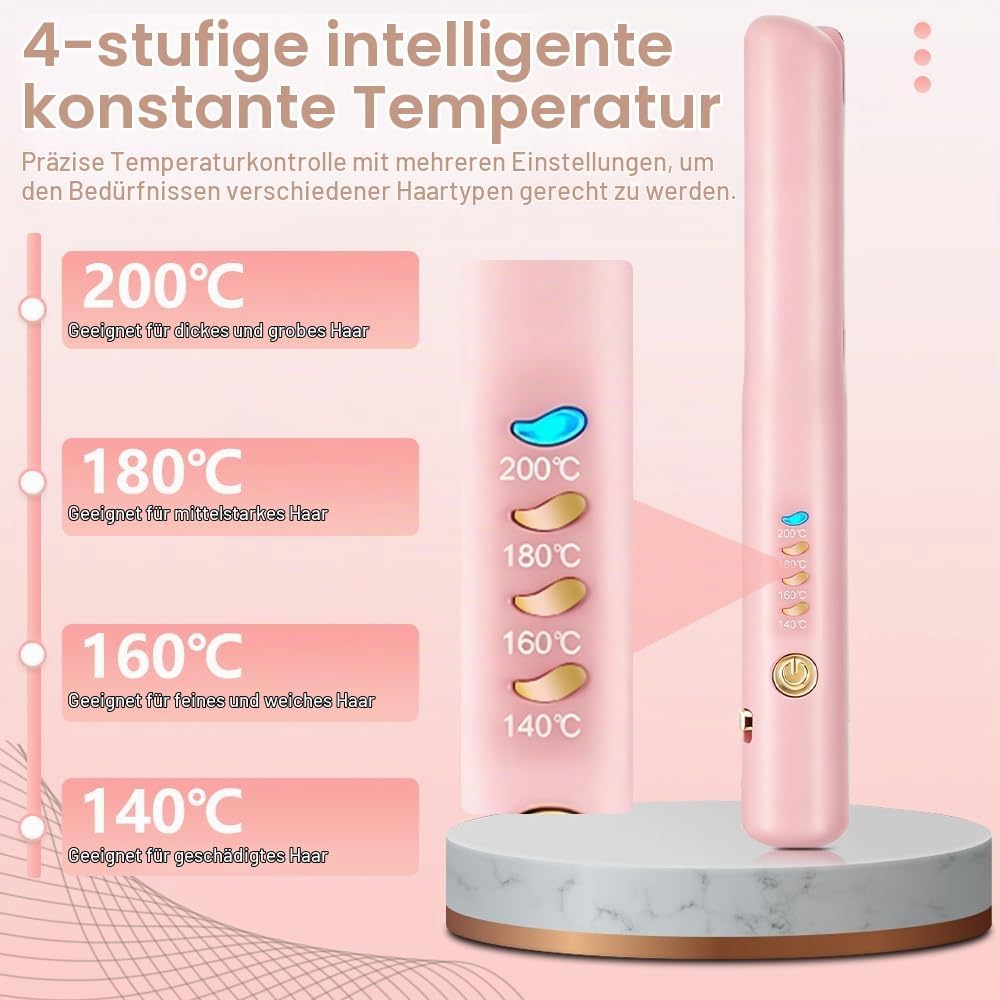 2 In 1 Mini Glätteisen Kabellos und Lockenstab, Hair Straightener, 4 Temperaturen, Wiederaufladbare