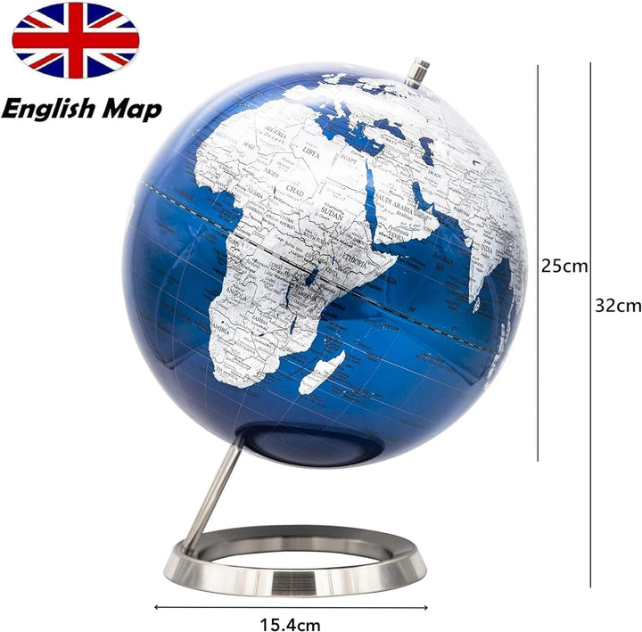EXERZ Schülerglobus 25cm Globus Metallisches Blau mit einem Rostfreier Stahl in Englischer Sprache -