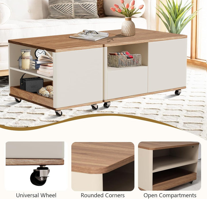Couchtisch mit Rollen, Wohnzimmertisch Holz mit 2 Schublade, Frei Arrangiert, Ausgefallene Couchtisc
