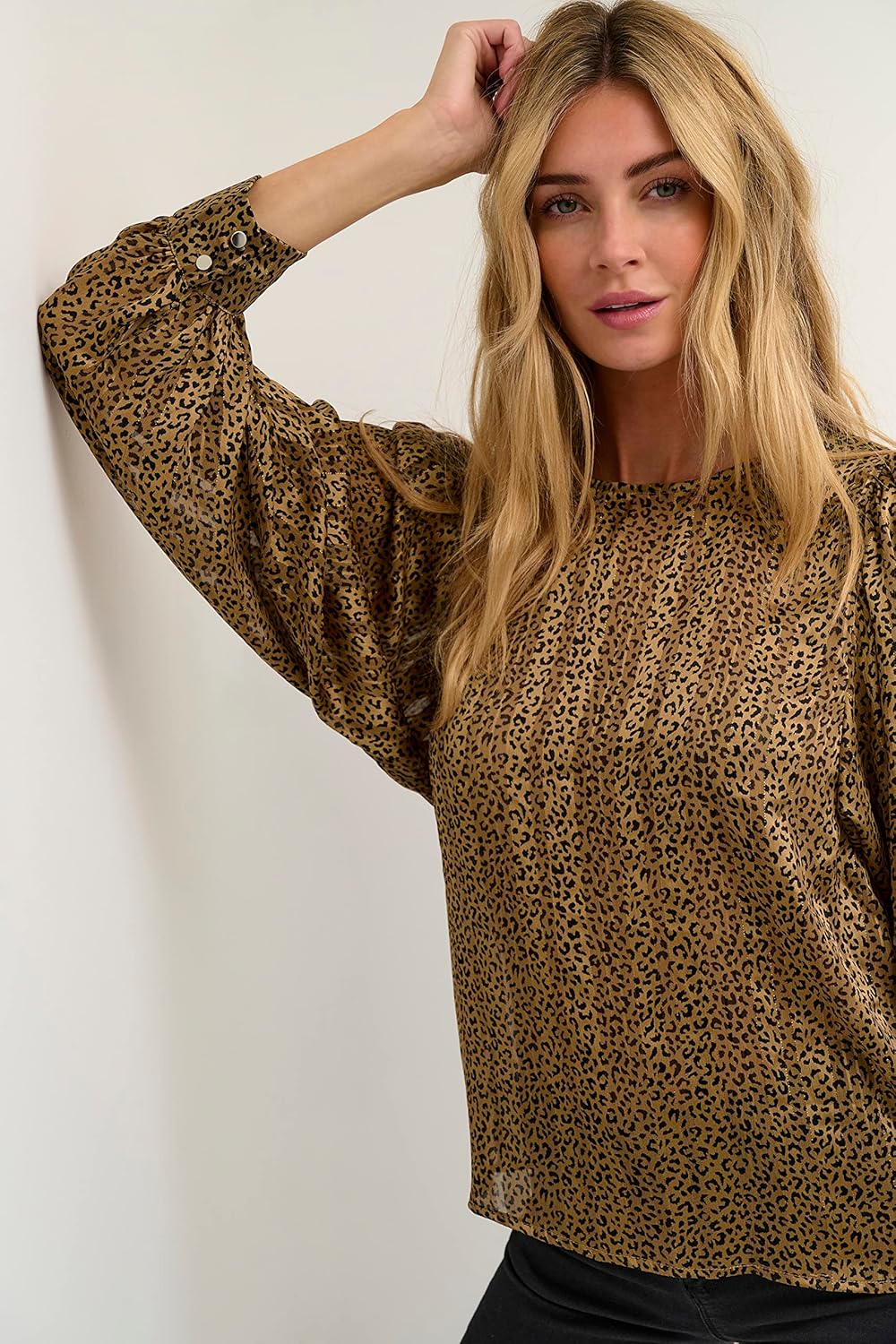 KAFFE Langarm Bluse KAsimi Damen Bluse Langarm Rundhals Print Shirt Standard 34 Brown Leopard Print,