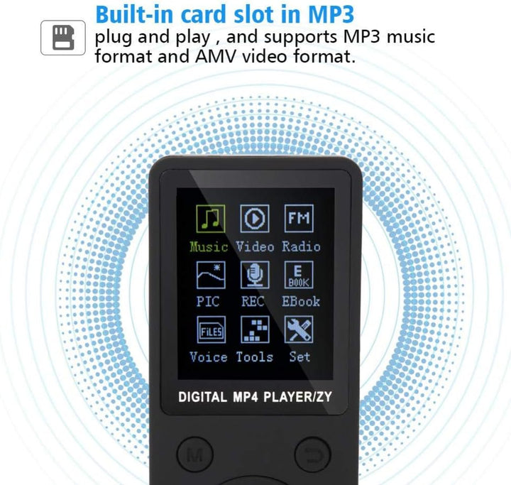 Diyeeni MP4-Player mit Kopfhörer, wiederaufladbarer MP3-Player mit UKW-Radio, Sprachaufzeichnung, Vi