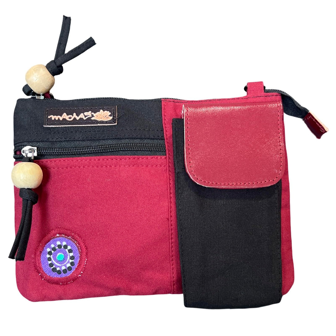 Macha Ethnische kleine Baumwolltasche mit bunten Drucken und Ledereinsätzen, Ethnische indische Baum
