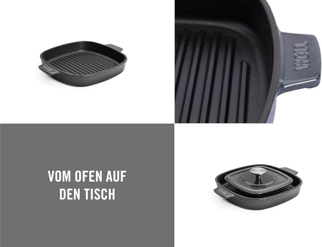 Woll Iron Gusseisen Grillpfanne viereckig mit Rillen, inkl. Steakpresse und Silikongriffen - Indukti