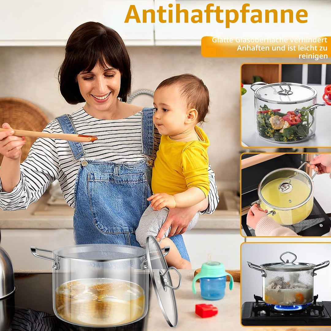 Köcheltopf aus klarem Glas mit Deckel 4. 5 l hitzebeständiger Herdtopf mit Edelstahlgriffen, Kochges