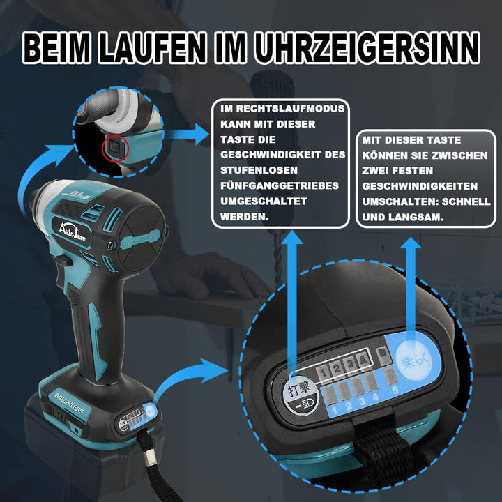 Akku Akkuschrauber Kompatibel mit Makita 18V 1/4" Bürstenloser Schlagschrauber mit 5 einstellbare St